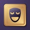 Purple Comedy theatrical mask icon isolated on purple background. Gold square button. Vector