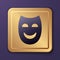 Purple Comedy theatrical mask icon isolated on purple background. Gold square button. Vector