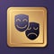 Purple Comedy and tragedy theatrical masks icon isolated on purple background. Gold square button. Vector