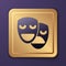 Purple Comedy and tragedy theatrical masks icon isolated on purple background. Gold square button. Vector