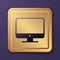 Purple Computer monitor screen icon isolated on purple background. Electronic device. Front view. Gold square button
