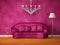 Purple couch with table, lamp and chandelier