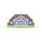 Purple country house with wooden roof. Family home. Bright green meadow and trees on front yard. Flat vector icon of