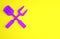 Purple Crossed fork and spatula icon isolated on yellow background. BBQ fork and spatula sign. Barbecue and grill tools