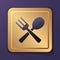 Purple Crossed fork and spoon icon isolated on purple background. Cooking utensil. Cutlery sign. Gold square button