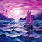 Purple Cubism Seascape Abstract: Colorful Low Polygraphic Sail Boat On Ocean And Sunset
