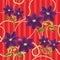 Purple cute flowers on red background with lines. Leaves and bead accessory. Seamless print for fabric. - illustration