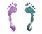 Purple & dark blue footprints white background isolated close up, colorful foot print pattern, barefoot footstep silhouette, feet