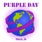 Purple Day background with ribbon around globe in cartoon style for World Epilepsy Day. Vector illustration