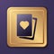 Purple Deck of playing cards icon isolated on purple background. Casino gambling. Gold square button. Vector