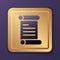 Purple Decree, paper, parchment, scroll icon icon isolated on purple background. Gold square button. Vector