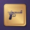 Purple Desert eagle gun icon isolated on purple background. Gold square button. Vector