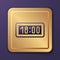 Purple Digital alarm clock icon isolated on purple background. Electronic watch alarm clock. Time icon. Gold square