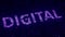 Purple DIGITAL word made with flying luminescent particles. Modern technology related loopable 3D animation