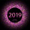 Purple discoball New Year 2019 greeting poster. Happy New Year circle disc with particle. Glitter gray dot pattern