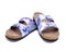 Purple Double Strap Sandals with a colorful print on the faux leather straps, with a soft micro suede foot bed and cork