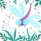 Purple dragonfly and grass with little purple flowers. Cartoon flat vector illustration