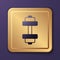 Purple Dumbbell icon isolated on purple background. Muscle lifting, fitness barbell, sports equipment. Gold square