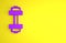 Purple Dumbbell icon isolated on yellow background. Muscle lifting icon, fitness barbell, gym, sports equipment