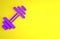 Purple Dumbbell icon isolated on yellow background. Muscle lifting icon, fitness barbell, gym, sports equipment