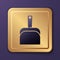 Purple Dustpan icon isolated on purple background. Cleaning scoop services. Gold square button. Vector