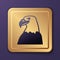 Purple Eagle head icon isolated on purple background. Animal symbol. Gold square button. Vector