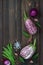 Purple eggplant, garlic and basil leaves from above on the old wooden board with free text space. Fresh harvest from the garden. T
