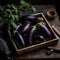 Purple Eggplants on a Wooden Tray