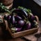 Purple Eggplants on a Wooden Tray