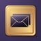 Purple Envelope icon isolated on purple background. Email message letter symbol. Gold square button. Vector Illustration