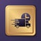 Purple Fast round the clock delivery by car icon isolated on purple background. Gold square button. Vector