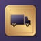 Purple Fast round the clock delivery by car icon isolated on purple background. Gold square button. Vector