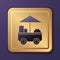 Purple Fast street food cart icon isolated on purple background. Urban kiosk. Gold square button. Vector Illustration