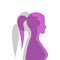 Purple female silhouette in profile with a translucent gray projection looking up. Mental health concept