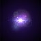 Purple Flash with rays and spotlight. Realistic light glare, high loth, star glow. Lens flare effect on black background.