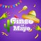 Purple flyer or poster design decorated with colorful bunting and maracas instrument for Cinco De Mayo.