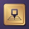 Purple Folded map with location marker icon isolated on purple background. Gold square button. Vector