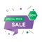 Purple folded ribbon with green hexagon elements. 50% Sale banner template design. Big sale special offer. Special offer vector