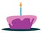 Purple fondant cake with burning candle vector or color illustration