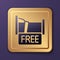 Purple Free overnight stay house icon isolated on purple background. Gold square button. Vector