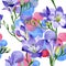 Purple freesia. Seamless background pattern. Fabric wallpaper print texture.