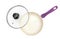 Purple frying pan with lid on white background. Top view