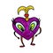 A purple, funny heart on legs, with handles and a ponytail of hair on the head, tied with a hairpin.