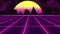 Purple futuristic 80\'s synthwave with landscape and sun grid background. 