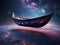 Purple Galactic Gondola. Surreal Cosmic Boat. AI generated