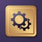 Purple Gear icon isolated on purple background. Cogwheel gear settings sign. Cog symbol. Gold square button. Vector