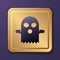 Purple Ghost icon isolated on purple background. Happy Halloween party. Gold square button. Vector