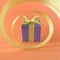 Purple Gift box at the end of the spiral yellow ribbon, orange background, square.