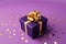 a purple gift box with golden ribbons on a purple background. It is an ideal image to illustrate celebration topics, Generative AI