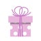 Purple gift box. Polka dots violet present box with bow. Flat, vector